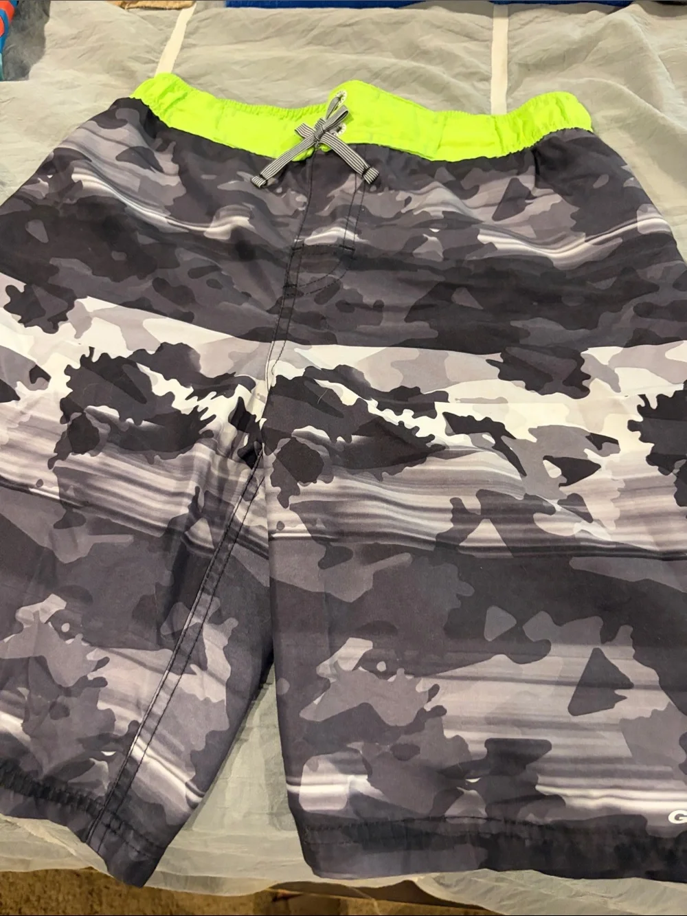Men's Swim Trunks with Neon Yellow Waistband - Gray Camo